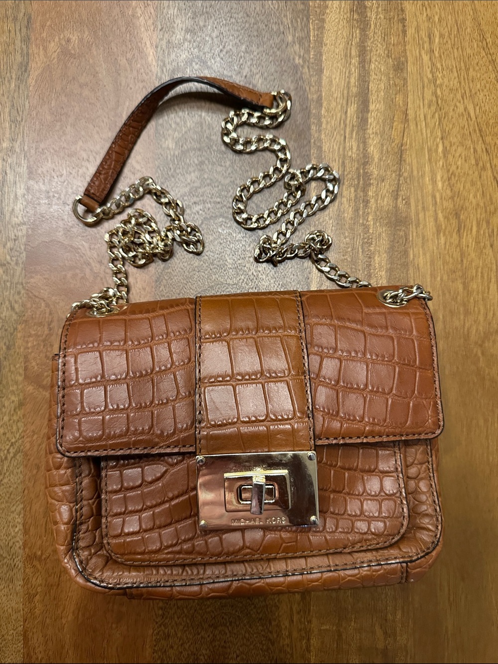 Brown Croc-Embossed Chain Crossbody Bag - Leather Look